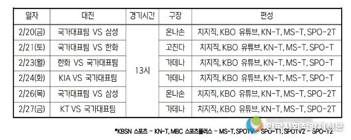 국가대표팀 평가전 일정